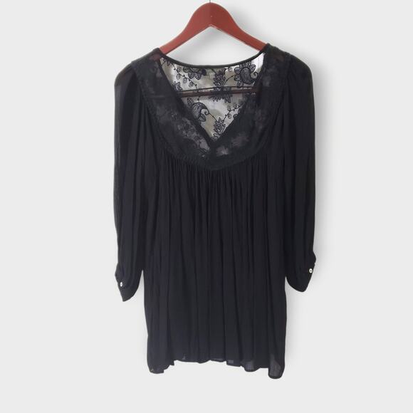 World Market Black Floral Lace Top Sheer Chiffon Overlay Sz L/XL Goth Fairycore - Picture 7 of 14
